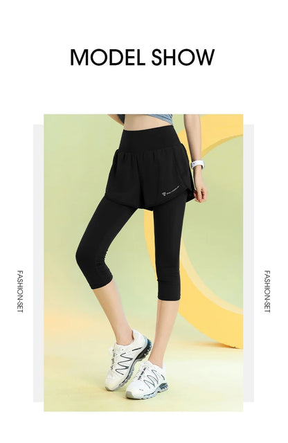 PHIGEER Women 2 in 1 Yoga Capri Pants Summer Lightweight Workout Tights With Pockets High Waist Running Gym Legging Activewears.