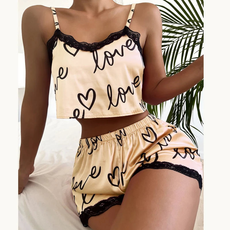 2 teile/satz Pyjama Anzug für Frauen Sexy Nette V-ausschnitt Spitze Liebe Herz Gedruckt Hosenträger Tops Shorts Nighty Nachtwäsche Homewear set.