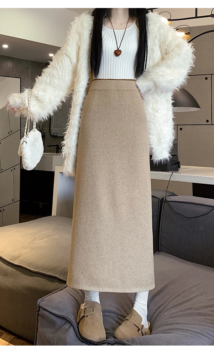 2025 New Thick Knit Midi Skirt High Waisted Straight Hem Bodycon Pencil Skirts for Petite Women Cozy Fall Winter Fashion.