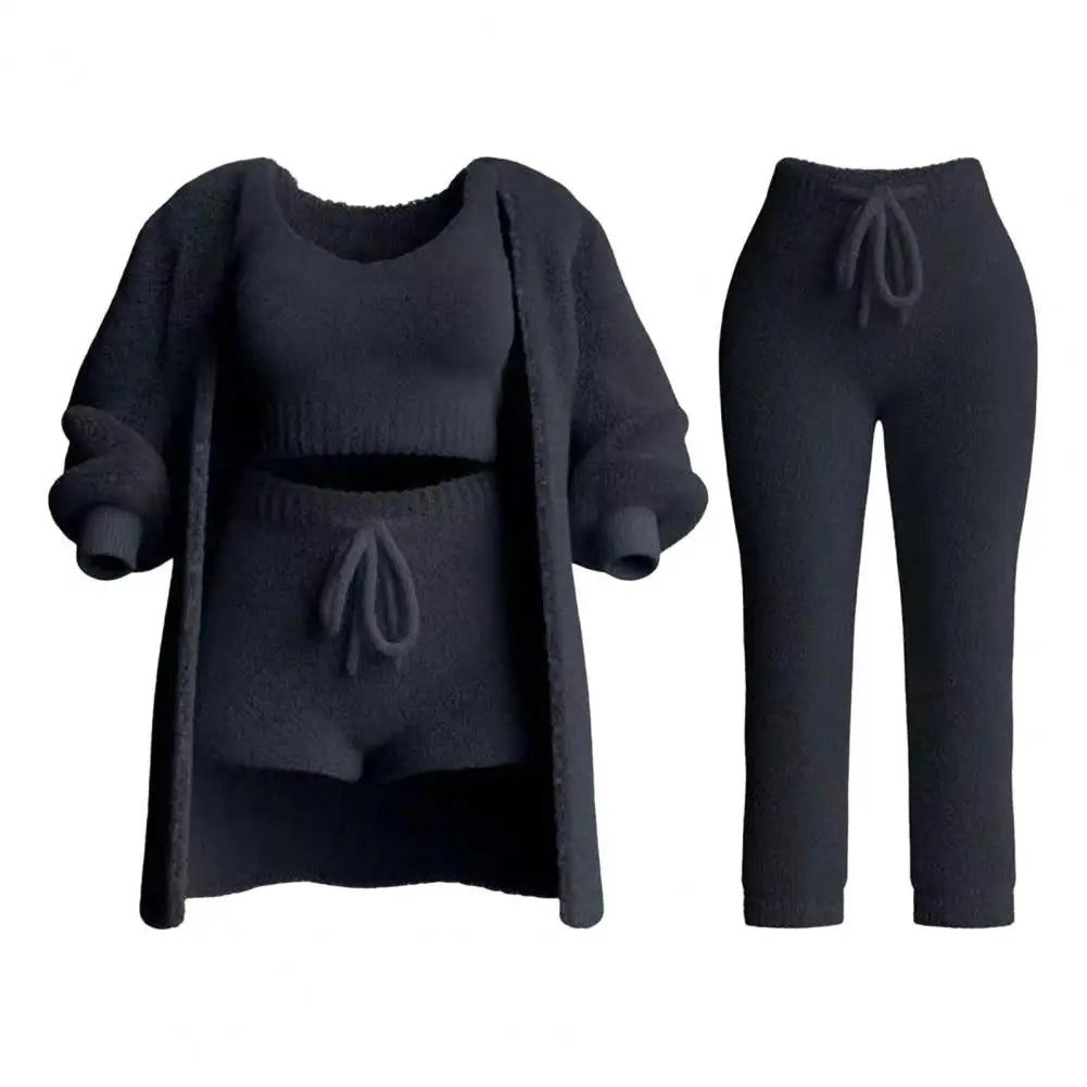 4 Pcs/Set Womens Cosy Outfits O Neck Cropped Tank Tops Long Sleeve Fleece Warm Hooded Comfortable Loungewear.