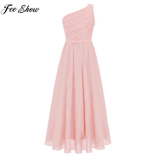 Mädchen Hochzeit Brautjungfer Kleid One Shoulder Elegante Guipure-Spitze Geraffte Chiffon Maxi Party Kleider Geburtstag Abend Abendkleid
