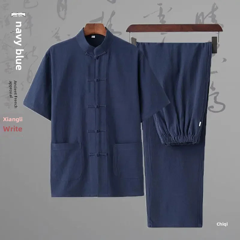 Traditional Chinese Men's Tang Suit Cotton Linen Ancient Costume Tea Servant Zen Meditation Clothing Middle Mountain Hanfu