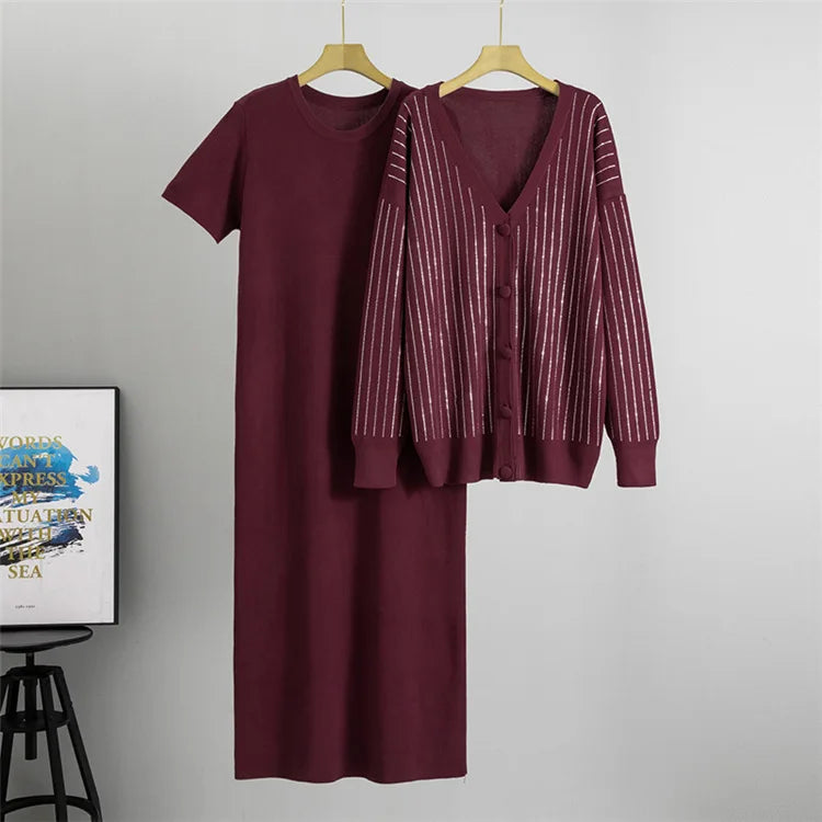 Women Knit 2 Piece Set Cardigan Set Sweater Muslim Short Sleeve Long DressEnsemble Knitwear Suit Modest Autumn Winter Outfits.