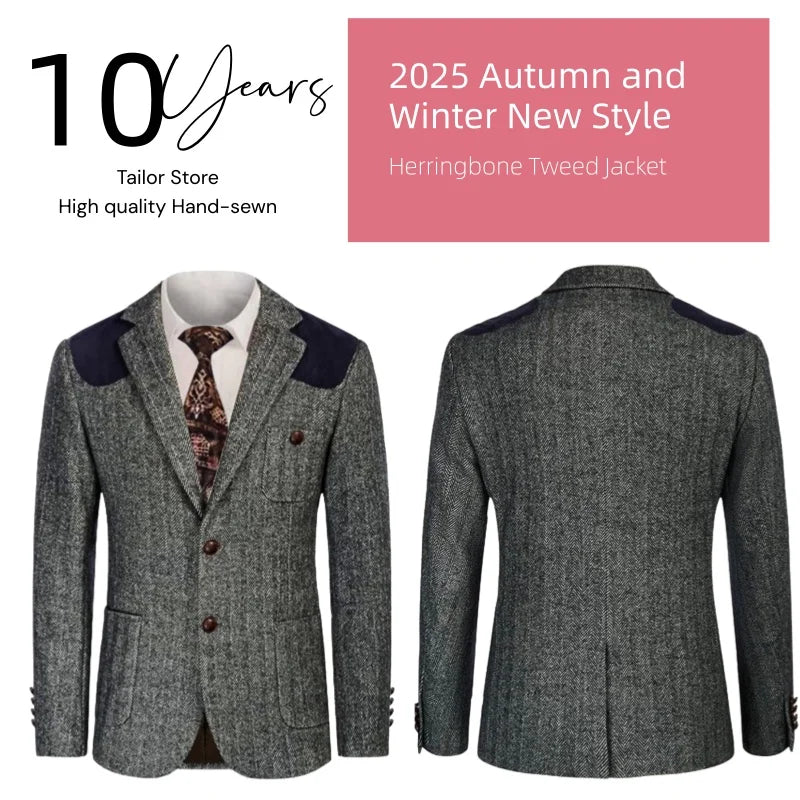 British-style men's suit jacket Houndstooth tweed sports jacket Double-breasted formal jacket    British-Style Men's Suit Jacket.