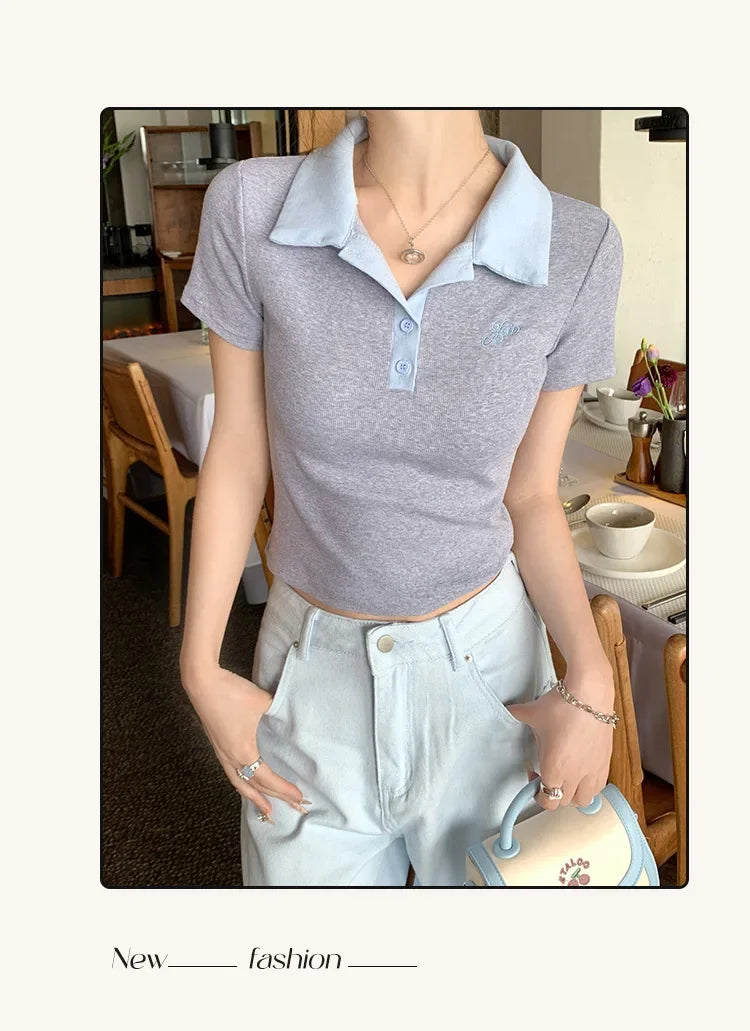 Women's Slim Fit Short Sleeve Polo Shirt Summer New Color Collision Design Red T-Shirt Top Fashionable Casual Business Wear