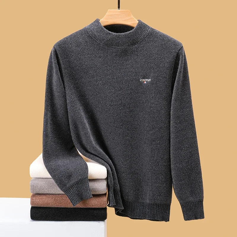 Luxury high-end round neck sweater men's winter trend brand embroidered Korean version casual plush warm thick knitted pullover.