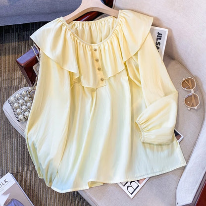 2025 French Large Size Long Sleeve O-neck Solid Color Loose Ruffle Shirt Ladies Spring Autumn Plus Size Blouses for Women.