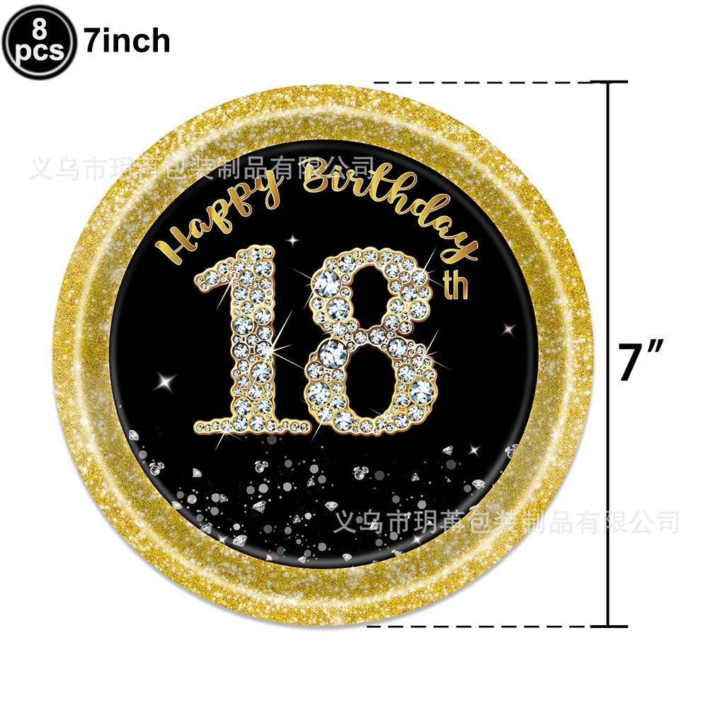 Dekore zum 18. Geburtstag für Jungen und Mädchen, Schwarz-Gold, Party-Banner, Ballon-Tischdecke, Teller, Tasse, Serviette, Partyzubehör zum 18. Geburtstag.