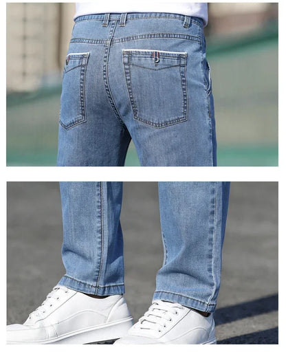 2025 sommer Neue männer Lose Grau Jeans Mode Lässig Stretch Gerade bein Denim Hosen Männlich Hellblau männer Hosen
