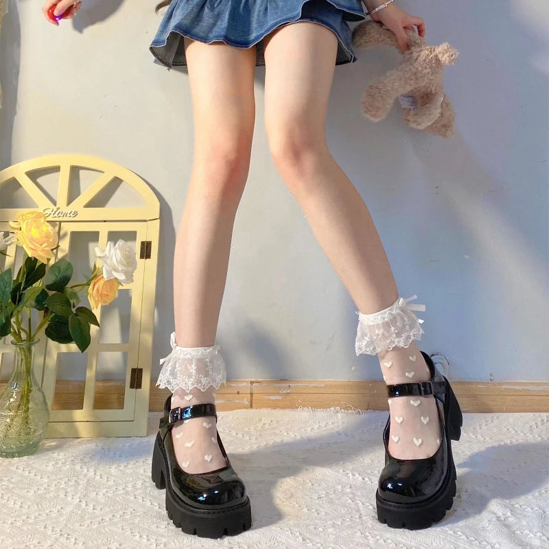 Women Lolita Transparent Mesh Crew Socks Sweet Ruffled Lace Trim Bowknot Cute Love Heart Pattern Anime Princess Hosiery