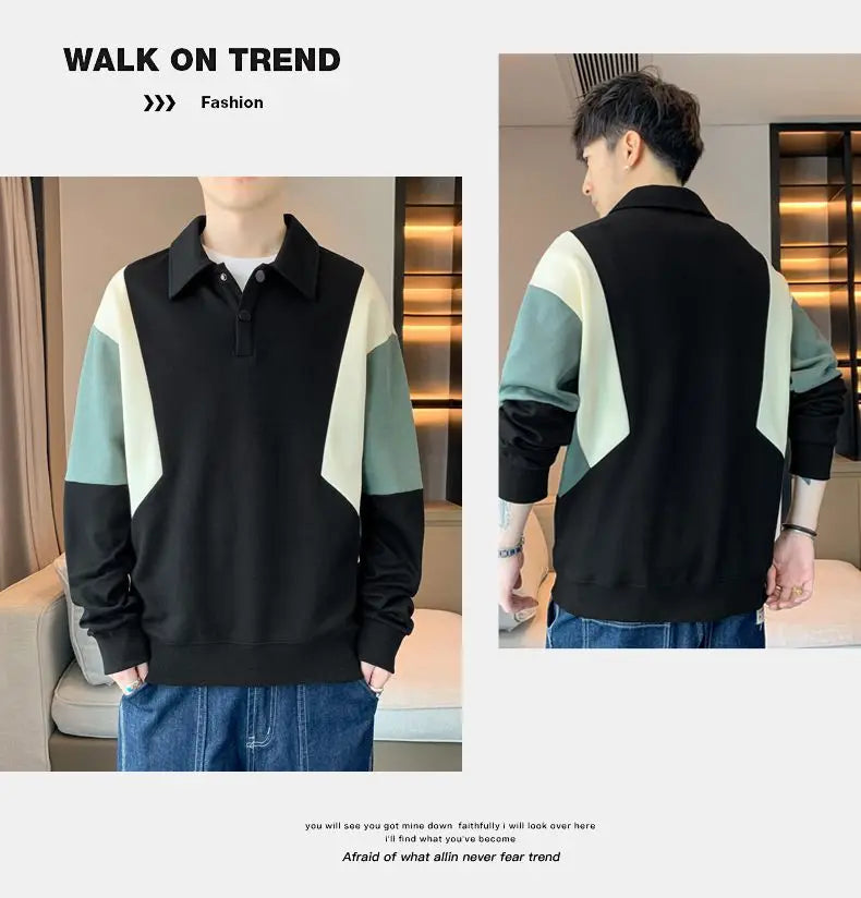 Contrast Patchwork Trend Loose Polo Neck Hoodies Sweatshirts Men's Spring Autumn Long Sleeve Casual Tops Fashion Korean Clothing.