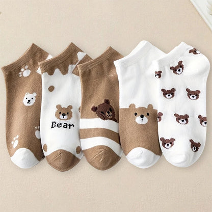 5 Pairs Women Cartoon Patterned Socks Trendy Versatile Breathable Sweat Wicking Deodorizing Antibacterial Comfortable Socks.