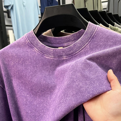 Personality washed vintage short sleeve T-shirt high-end 100% pure cotton men fashion round neck comfort lightweight casual top