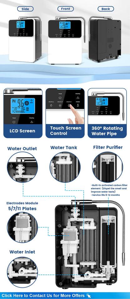 CAWOLO 11 Plates Platinum Coating Alkaline Water Ionizer Machine Household PH 4.5~10.5 Alkaline Acid Water Ionizer for Home.