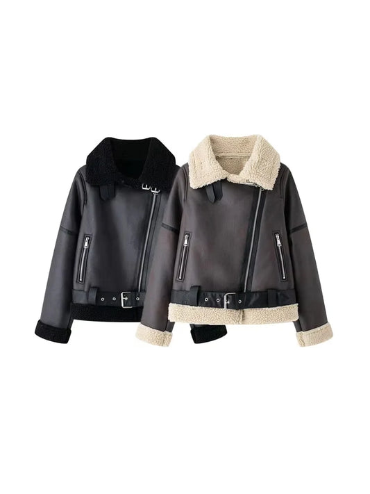 TRZA-Damen-Jacke aus dickem, warmem Wildleder mit Gürtel, langärmlige Mäntel, Kunstscheren, weibliche Oberbekleidung, schicke Oberteile, Wintermode