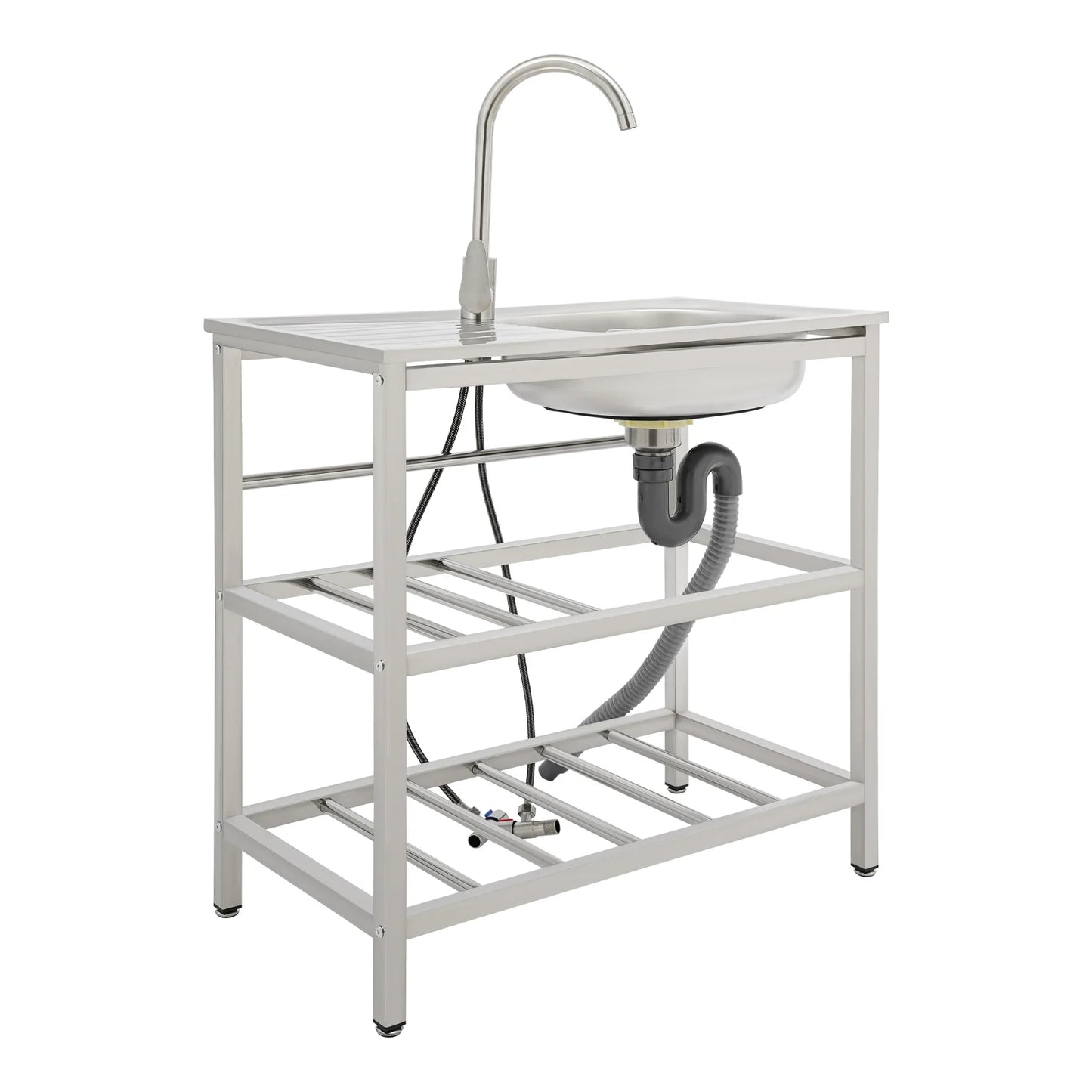 Freistehendes Waschbecken aus Edelstahl mit 2-stufigem Boden, Aufbewahrungsregal für die Küche, Outdoor-Spüle mit Facut-Handwaschstation