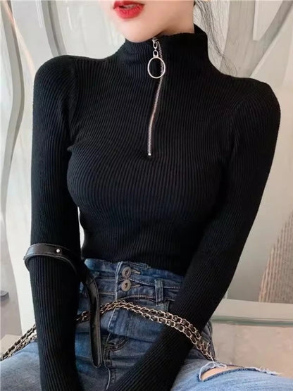 Spring Autumn Skinny Elastic Knitted Shirt Women Pullover Sweater Tops Female Long Sleeve Slim Mock Neck Knit Bottoming Shirts.