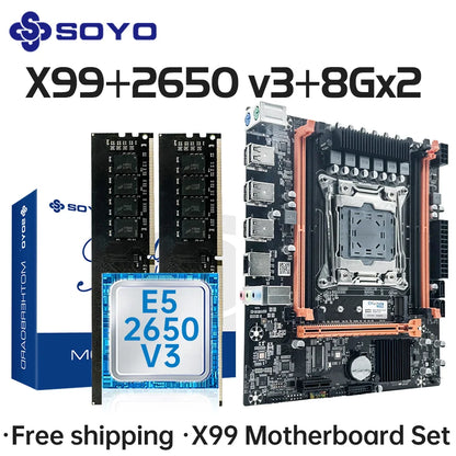 SOYO Computer Components X99 Motherboard Set With LGA2011-3 Xeon E5 2650 V3 CPU DDR4 16GB (2*8GB) 2133MHZ RAM Memory Desktop PC.