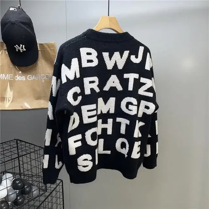 Sweater Men's Clothing Winter Full-print Letter Jacquard Loose Thickened Design Round Neck Top Trendy American Style Sweater.