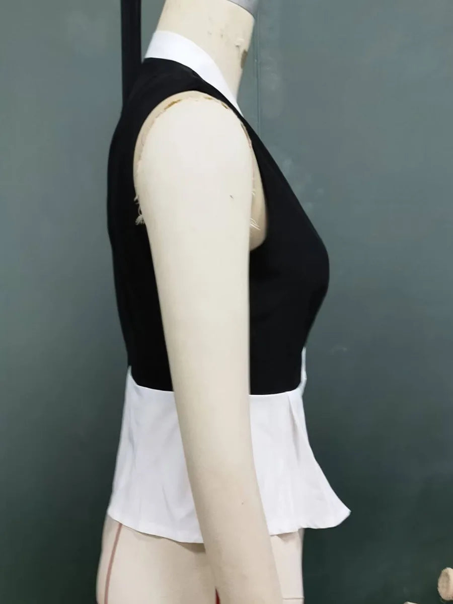 New Fall Women's Sleeveless Shirt, Black and White Block-Colored V-Neck Shirts, Asian Sizes S-XL..