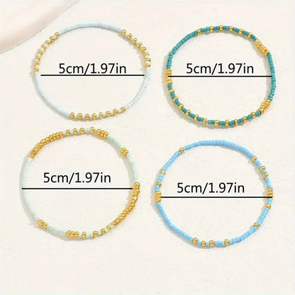 4 PCS Turquoise Color Seedbeads Stretch Bracelet Set Bohemia Gold Color Glassbeads Elastic Handmade Girls Vacation Jewelry.