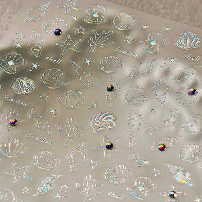 Ocean Theme 5D Nail Sticker Summer Beach Seashells Starfish Conch Scallop Shell Coral Self Adhesive Decoration Manicure Decal