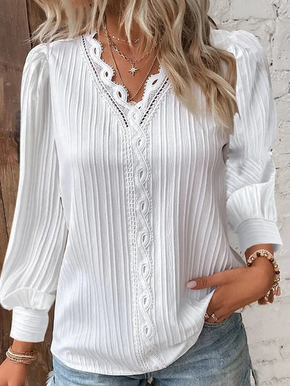Elegant Summer Hollow Lace Patchwork Women Shirt Chic Blouse V Neck Long Sleeve Shirt Plain Lace Casual Basic Regular Tops.