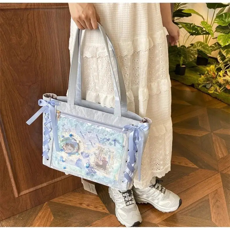 New Versatile Fashion Ribbon Itabag Large Capacity Green Large Food Anime Millet Bag Daily One Shoulder Tote Bag.
