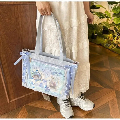 New Versatile Fashion Ribbon Itabag Large Capacity Green Large Food Anime Millet Bag Daily One Shoulder Tote Bag.