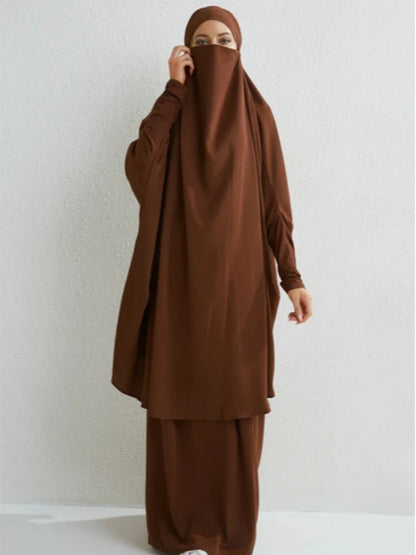 Muslim Sets Two Pieces Prayer Clothing Long Hooded Smocking Sleeve Shirts Hijab Loose Maxi Skirts Elastic Waist Women Abaya Sets