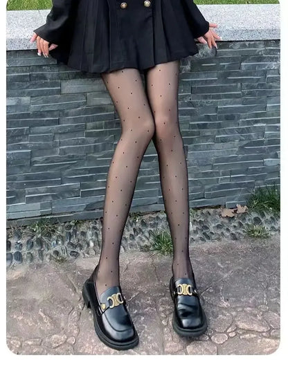 Thin Summer Black Silk Stockings Women's High Transparent Anti-Catch Wear-Resistant Polka Dot Design Comfortable Underwear.