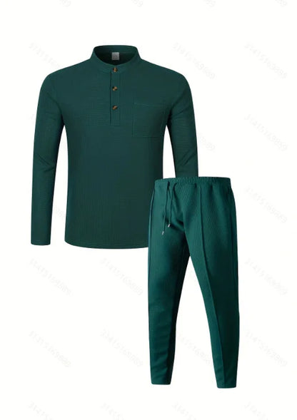 Men's Waffle Check Stand-Up Collar Semi-Casual Business Suit Two-Piece Set Button-Down Top with Comfortable Trousers.