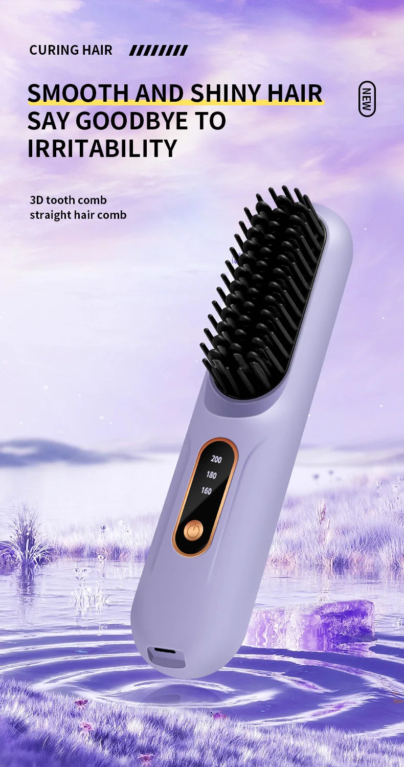 Electric Heating Straight Hair Comb LCD Screen USB Wireless Portable Negative Ion Styling Tool Rechargeable Straightening Brush.