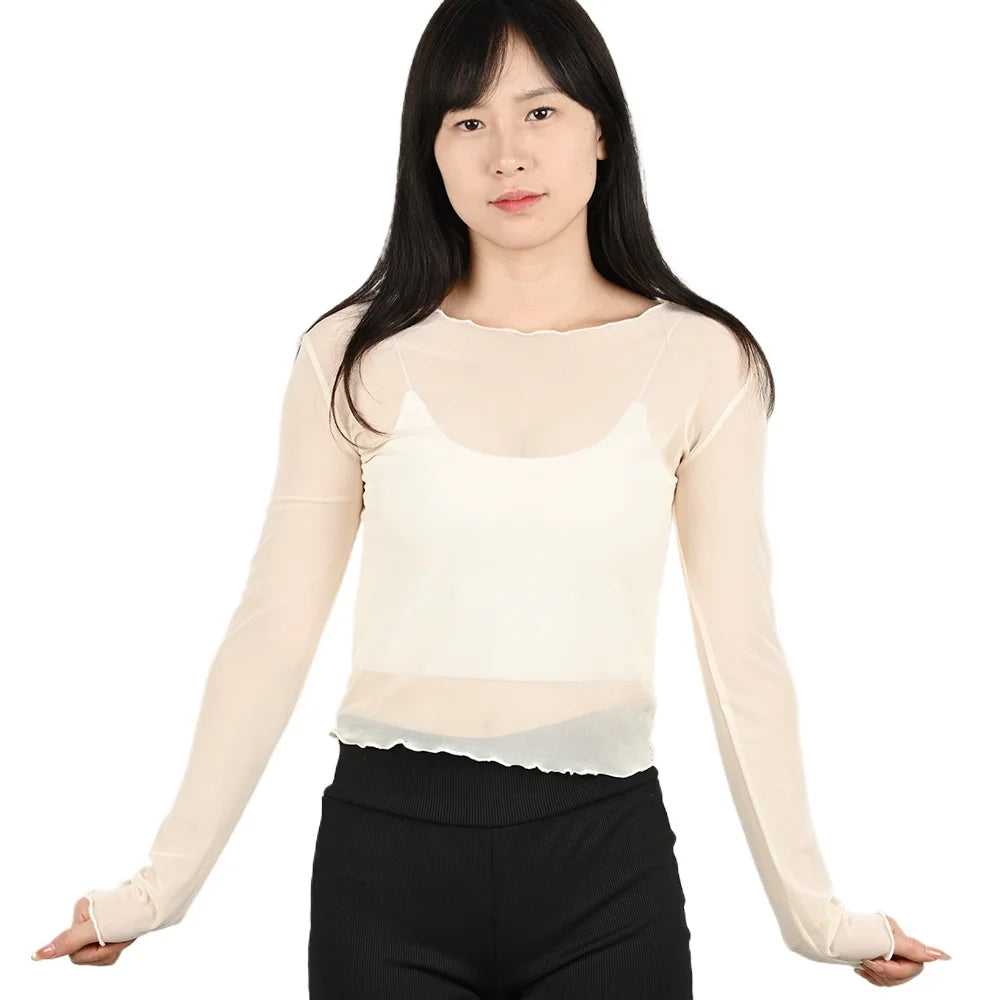Summer Women Sunscreen T-shirt Girls Sexy Black Mesh Long-sleeved Tops Famale Ice Silk Transparent Sheer Bottom Blouses Shirts.