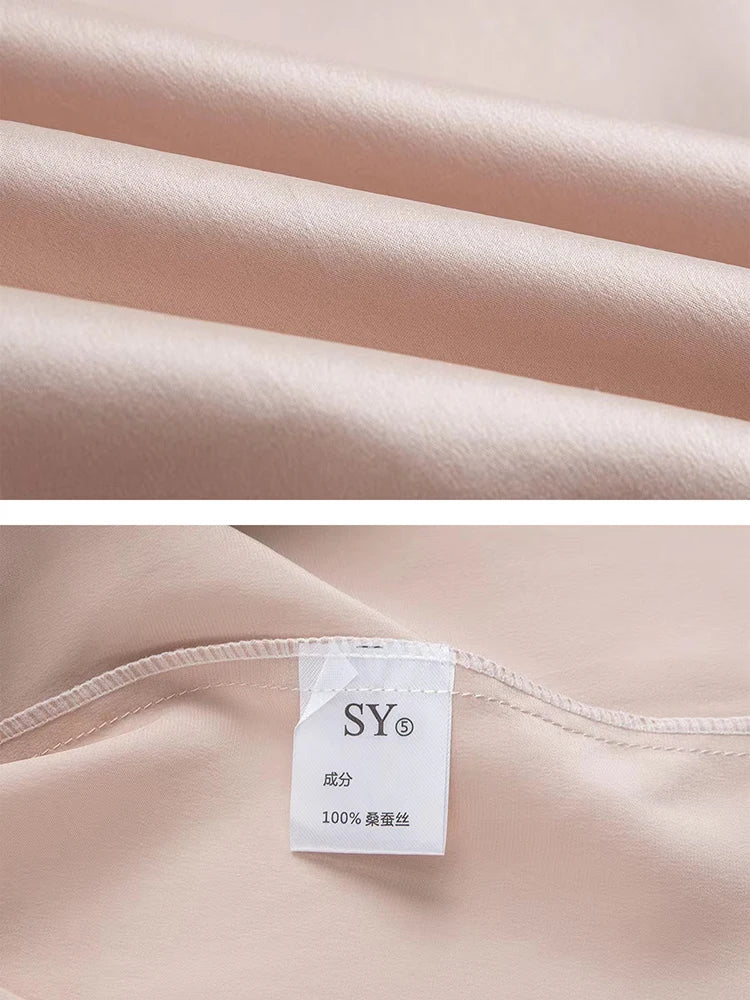 Women 100% Pure Mulberry Silk Charmeuse Silk V Neck Pajama Set Casual Loose Sleepwear Nightwear L XL SQ001.