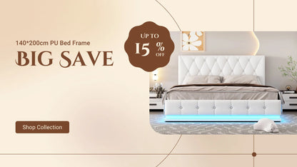 Weißes Polsterbett aus PU-Leder, 140 x 200 cm, Doppelbett mit LED-Beleuchtung, Stauraum unter dem Bett, Bettrahmen mit Lattenrost