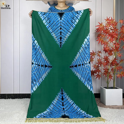 2024 New Muslim Women Dashiki Printed Dress Flower Diamonds Loose Dress With Big Scarf Islamic African Women Short Sleeve Abaya.