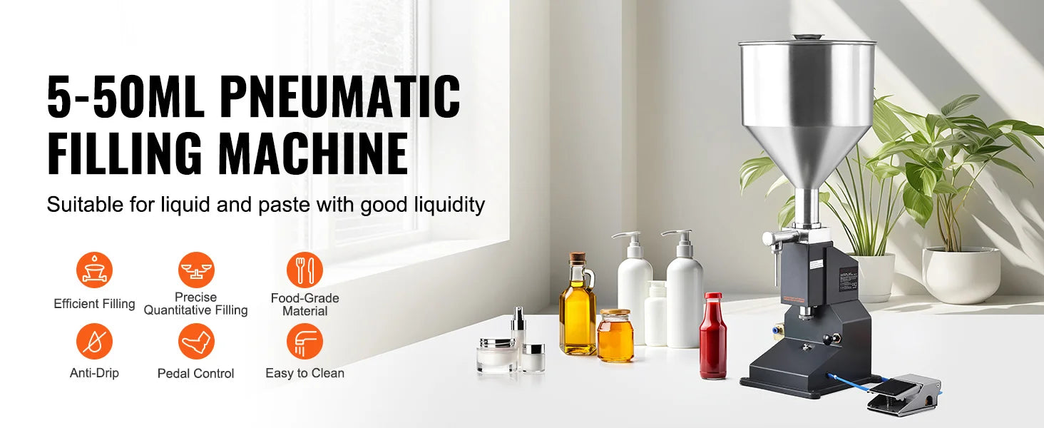SucceBuy 5-50/100ml A02 Pneumatic/Manual Paste Liquid Filling Machine Bottle Liquid Filler Pedal for Water Juice Cosmetic Milk.