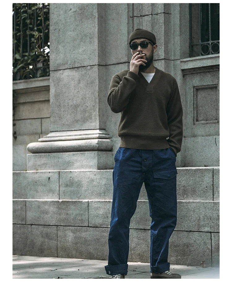 Bronson WWII USAAF Type A-1 Mechanic Sweater Men Heavyweight V-Neck Knit Jumper.