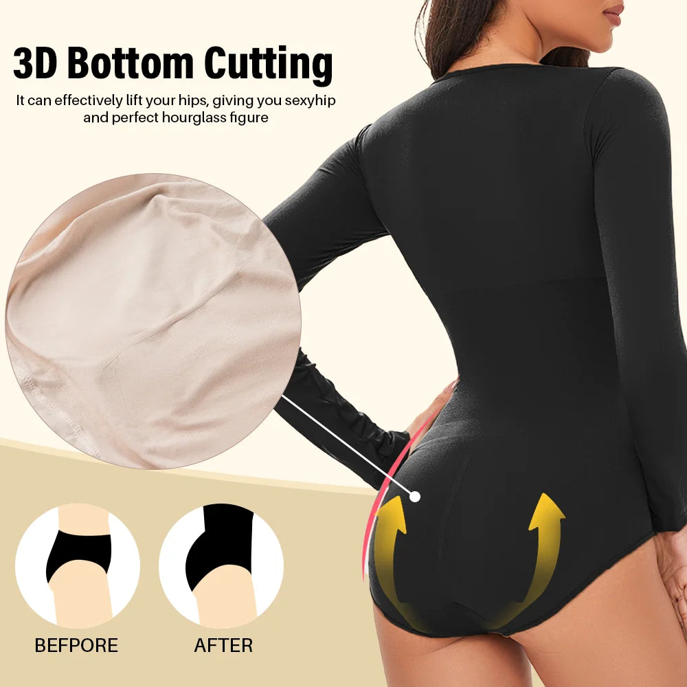 POKARLA Spandex Elastic Body Suit Shapewear Women Body Shaper Tummy Control Long Sleeve Open Crotch Round Neck Seamless Shapers.