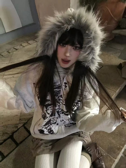 Vintage Sweatshirts 2025 Women's Clothes White Print Tunic Hooded Y2k Coat Streetwear Fashion Casual Hoodies Tops Ropa Mujer.