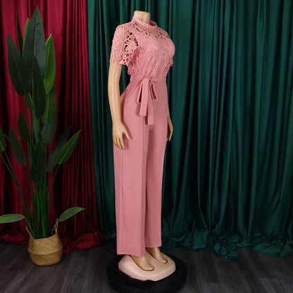 Elegant Jumpsuits & Rompers for Women O Neck Lace Patchwork Short Sleeve Sashes High Waisted Luxury Birthday Party Dinner Outfit.