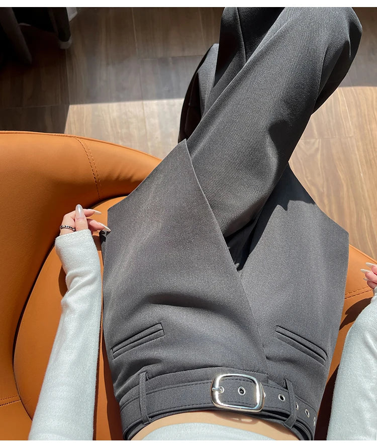 Design Style Fake Two-piece Curtain Suit Pants Women Fall High Waisted Wide Leg Trouser Office Ladies High Quality Straight Pant.