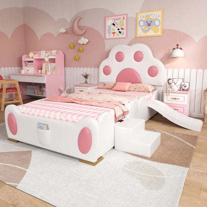 Cartoon süßes rosa Prinzessinnenbett, gepolstertes Bett, 90 x 200 cm, mit Kinderrutsche und zweistufiger Leiter, für Mädchenschlafzimmer