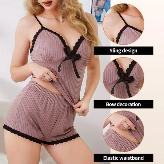 Neues sexy geripptes Pyjama-Set für Damen mit Spitzenbesatz, Cami-Top und Shorts, zweiteilige Nachtwäsche, Loungewear, V-Ausschnitt mit Schleife, Spaghettiträger
