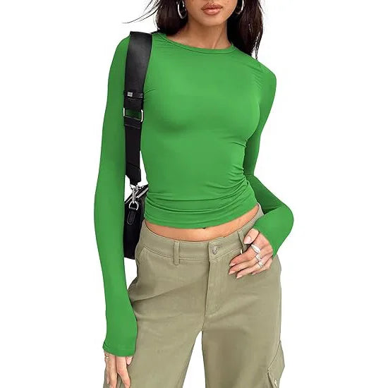 1 stücke Vier Jahreszeiten Mode Senior Frauen T-shirt Langarm Crew Neck Solide Slim Fit T Damen Crop Top Täglichen streetwear Camis