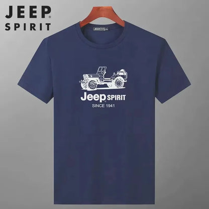JEEP SPIRIT Mens T-shirt Summer 100%Cotton 230g Heavy Print Sports Breathable Round Neck Top Loose Solid Short Sleeve