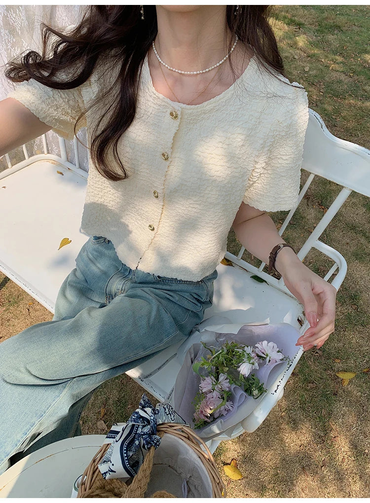 New Summer Short Sleeve O-Neck Women Shirt Sweet White Shirt Blouse Women Tops 2025 Blouses Shirts Blusas Para Mujer Blusa XL183.