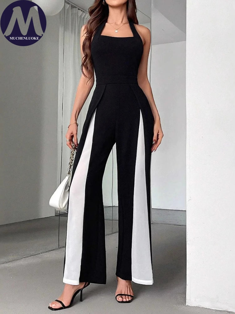 Jumpsuits for Woman Summer New Sexy Color Block Sleeveless Sling Jumpsuit Fashionable Slim Fit Backless Straight Leg Jumpsuit.