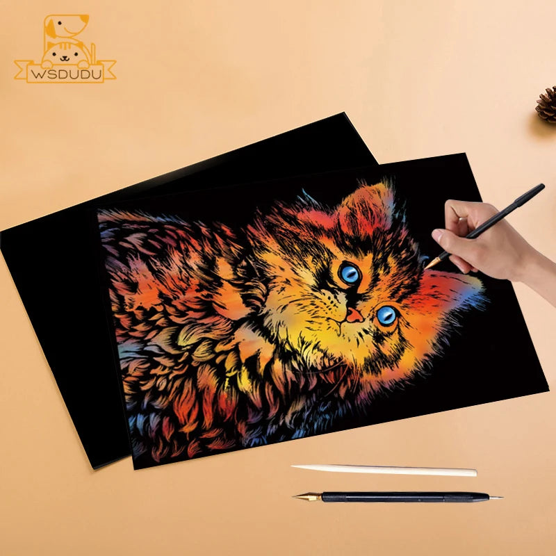 2 Sheets Animal Scratch Art Paper Set with Stylus DIY Rainbow Craft Lion Unicorn Cat Dog Painting Toy Creative Kids Adults Gift.